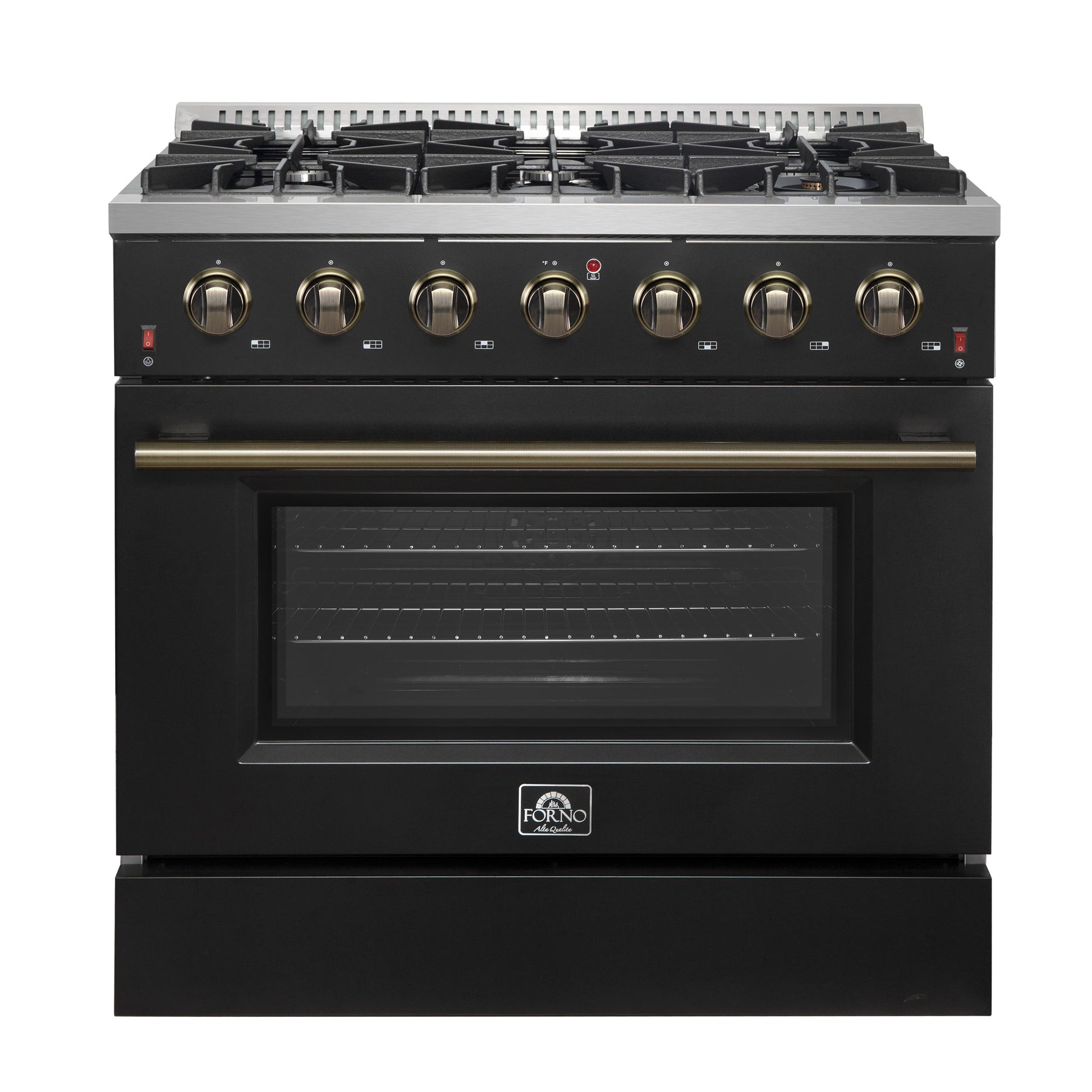 Forno FFSGS624436BLK Forno Galiano 36-Inch Freestanding Gas Range In Black With Antique Brass Design, 6 Burners, 83,000 Btu, 5.36 Cu.Ft. Convection Oven