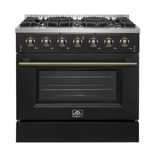 Forno FFSGS624436BLK Forno Galiano 36-Inch Freestanding Gas Range In Black With Antique Brass Design, 6 Burners, 83,000 Btu, 5.36 Cu.Ft. Convection Oven