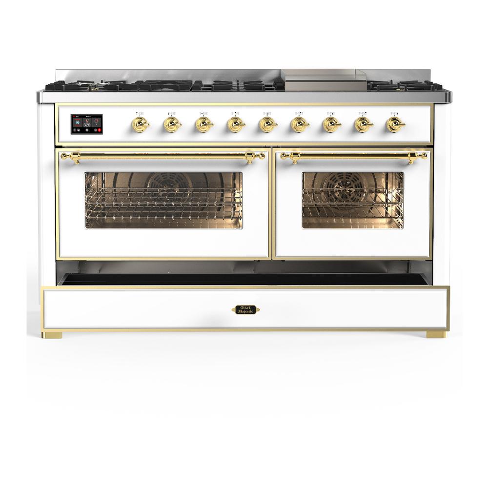 Ilve UM60FNR3WHG Ilve Um60Fnr3Whg Majestic Iii 60 Inch Dual Fuel Range With 9 Burners And Griddle, Dual Function Burner Up To 25,000 Btu (Natural Gas, Triple Glass Door, White, Brass)