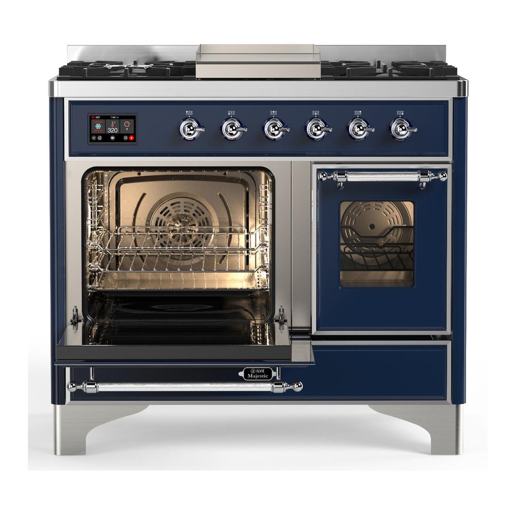 Ilve UMD40FNR3MBC Ilve Umd40Fnr3Mbc Majestic Iii 40 Inch Dual Fuel Range With 6 Burners And Griddle, Dual Function Burner Up To 25,000 Btu (Natural Gas, Triple Glass Door, Midnight Blue, Chrome)