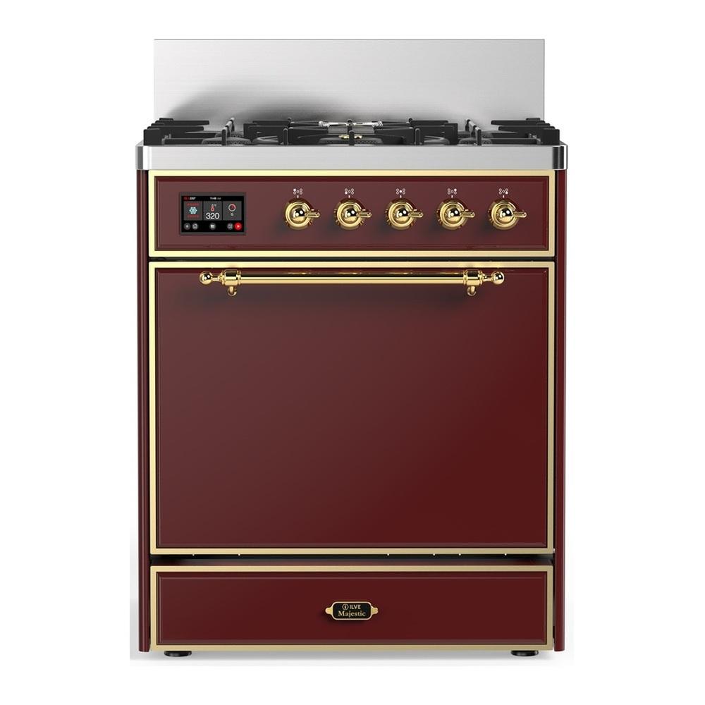 Ilve UM30QNR3BUGLP Ilve Um30Qnr3Buglp Majestic Iii 30 Inch Dual Fuel Range With 5 Black Brass Burners, Dual Function Burner Up To 25,000 Btu (Liquid Propane, Solid Door, Burgundy, Brass)
