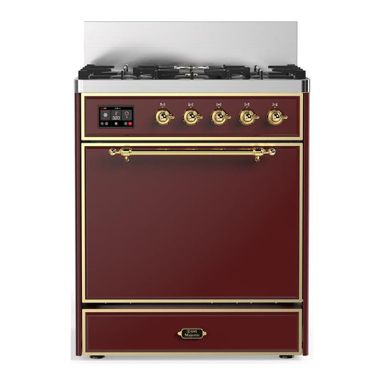 Ilve UM30QNR3BUGLP Ilve Um30Qnr3Buglp Majestic Iii 30 Inch Dual Fuel Range With 5 Black Brass Burners, Dual Function Burner Up To 25,000 Btu (Liquid Propane, Solid Door, Burgundy, Brass)