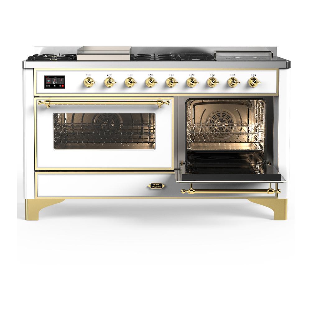 Ilve UM60FSNR3WHG Ilve Um60Fsnr3Whg Majestic Iii 60 Inch Dual Fuel Range With 7 Burners, Griddle And French Top, Dual Function Burner With Up To 25,000 Btu (Natural Gas, Triple Glass Door, White, Brass)