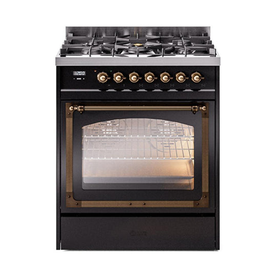 Ilve UN30NMPBKBLP Ilve Un30Nmpbkblp Nostalgie Ii Noblesse 30" Dual Fuel Range (Liquid Propane, Triple Glass Door, Glossy Black, Burnished)