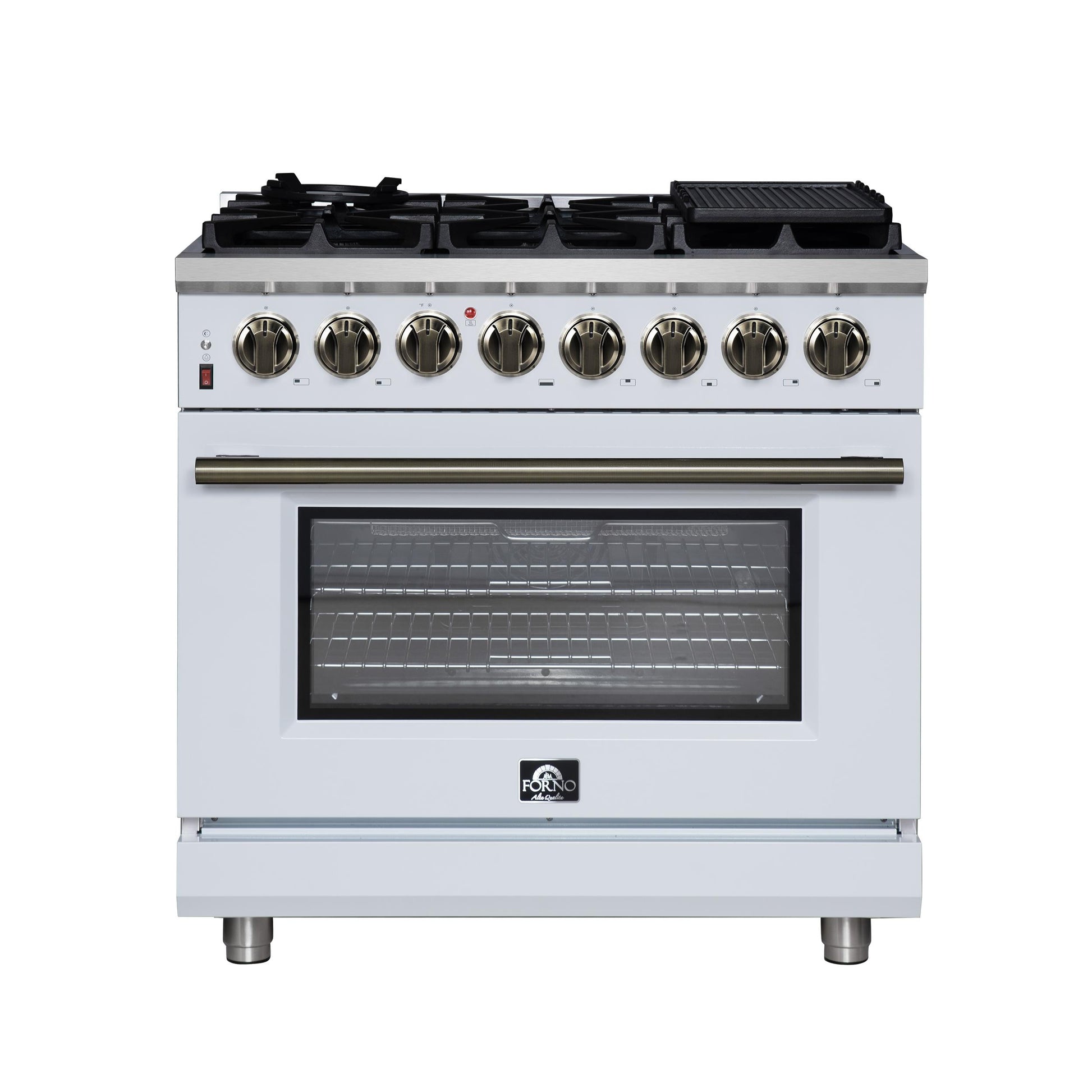 Forno FFSGS612536WHT Forno Massimo 36 Inch Freestanding Dual Fuel Range In White With Antique Brass Accessories, 6 Burners, 5.36 Cu. Ft. Convection Oven