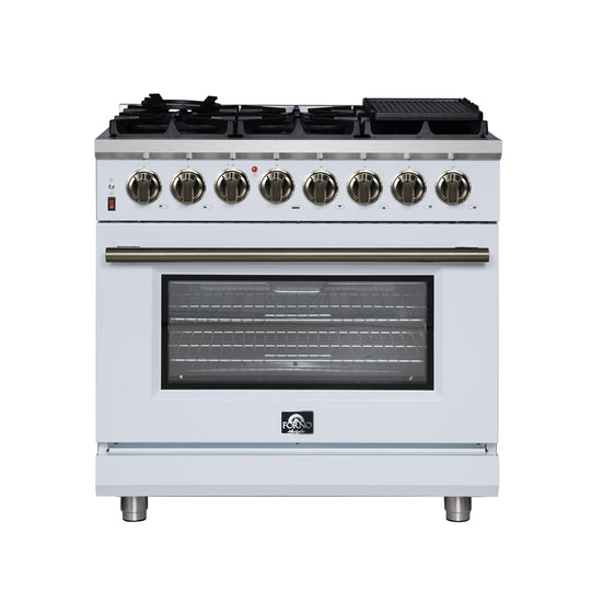 Forno FFSGS612536WHT Forno Massimo 36 Inch Freestanding Dual Fuel Range In White With Antique Brass Accessories, 6 Burners, 5.36 Cu. Ft. Convection Oven