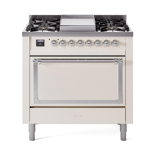 Ilve UN36FQNMPAWCLP Ilve Un36Fqnmpawclp Nostalgie Ii Noblesse 36" Dual Fuel Range (Liquid Propane, Solid Door, Antique White, Chrome)