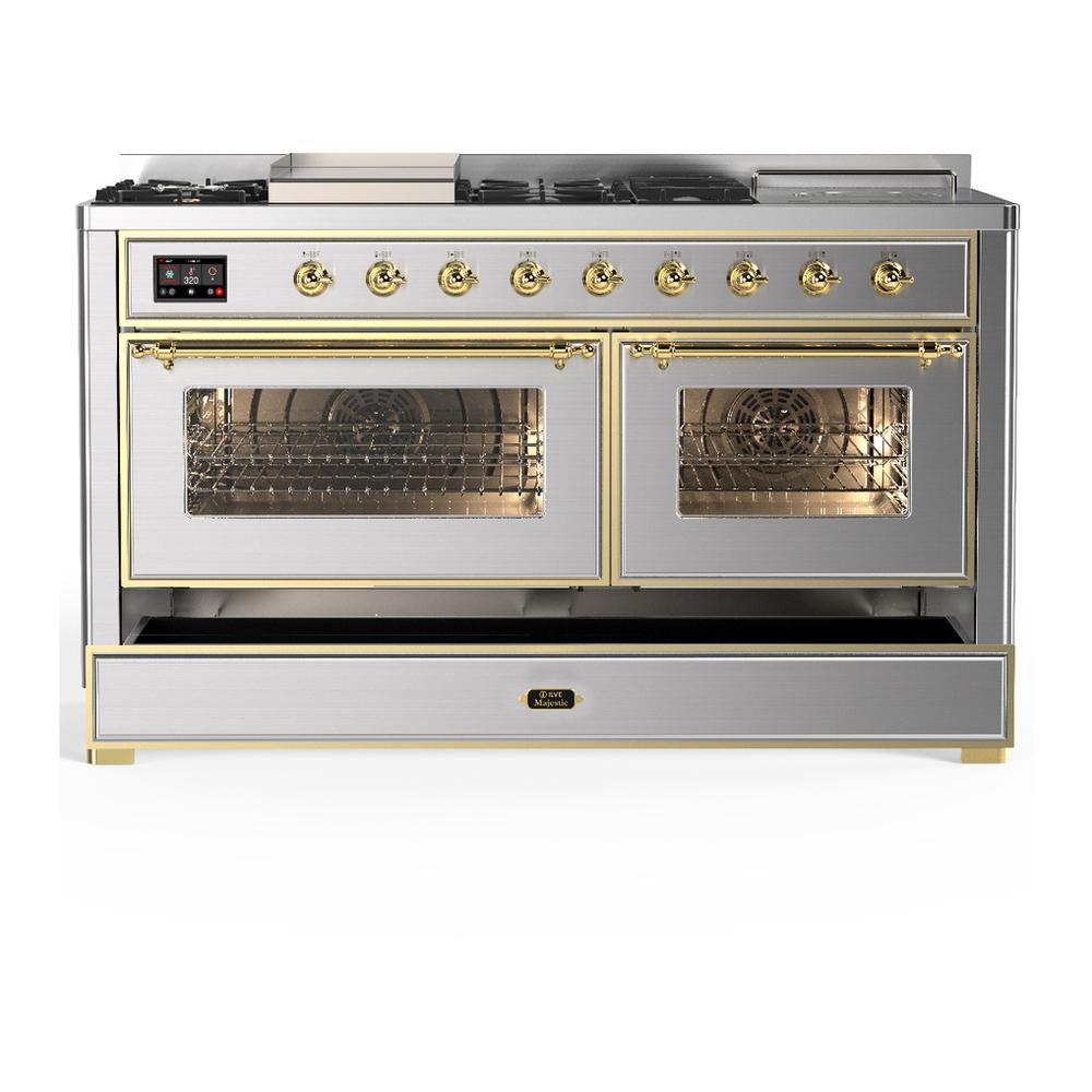 Ilve UM60FSNR3SSG Ilve Um60Fsnr3Ssg Majestic Iii 60 Inch Dual Fuel Range With 7 Burners, Griddle And French Top, Dual Function Burner With Up To 25,000 Btu (Natural Gas, Triple Glass Door, Stainless Steel, Brass)