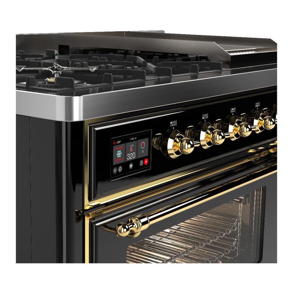 Ilve UM48FNR3BKG Ilve Um48Fnr3Bkg Majestic Iii 48 Inch Dual Fuel Range With 8 Burners And Griddle, Dual Function Burner Up To 25,000 Btu (Natural Gas, Triple Glass Door, Glossy Black, Brass)