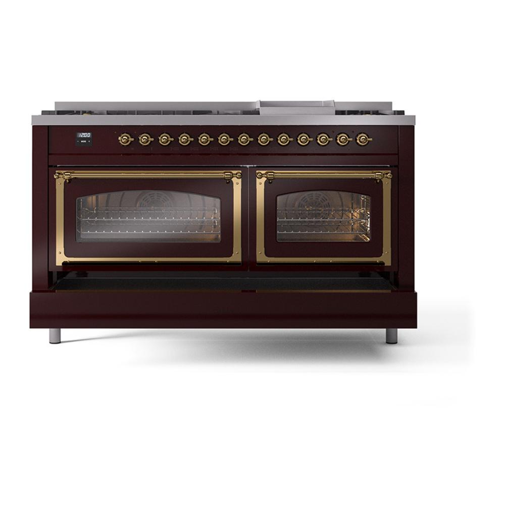 Ilve UN60FNMPBUG Ilve Un60Fnmpbug Nostalgie Ii Noblesse 60" Dual Fuel Range (9 Sealed Burners + Griddle, Natural Gas, Triple Glass Door, Burgundy, Brass)