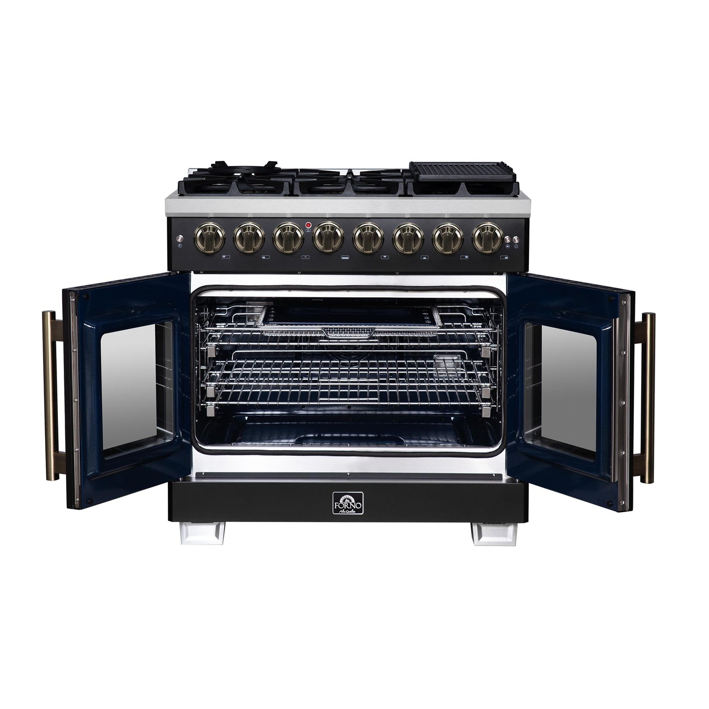Forno FFSGS638736BLK Forno Capriasca 36 Inch Freestanding French Door Dual Fuel Range In Black With Antique Brass Accessories, 6 Burners, True Convection Oven
