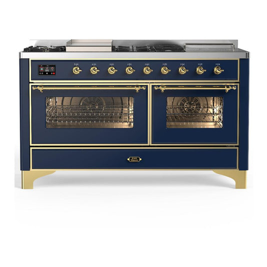 Ilve UM60FSNR3MBGLP Ilve Um60Fsnr3Mbglp Majestic Iii 60 Inch Dual Fuel Range With 7 Burners, Griddle And French Top, Dual Function Burner With Up To 25,000 Btu (Liquid Propane, Triple Glass Door, Midnight Blue, Brass)