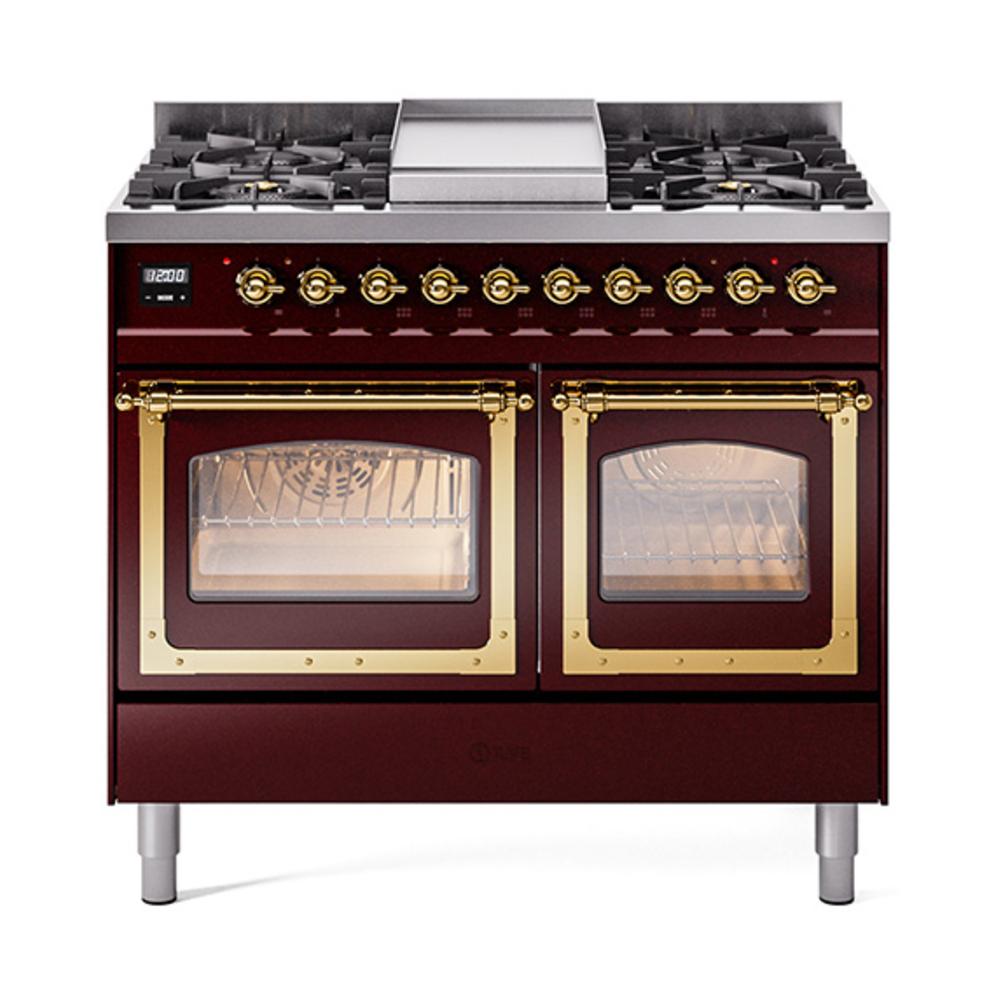 Ilve UND40FNMPBUGLP Ilve Und40Fnmpbuglp Nostalgie Ii Noblesse 40" Dual Fuel Range (Liquid Propane, Triple Glass Door, Burgundy, Brass)