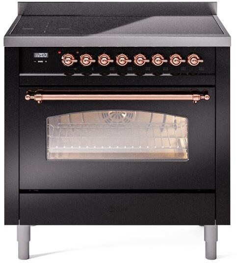 Ilve UPI366NMPBKP Nostalgie Ii 36 Inch Electric Freestanding Range In Glossy Black With Copper Trim
