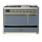 Ilve UM48FQNR3BGG Ilve Um48Fqnr3Bgg Majestic Iii 48 Inch Dual Fuel Range With 8 Burners And Griddle, Dual Function Burner Up To 25,000 Btu (Natural Gas, Solid Door, Blue Grey, Brass)
