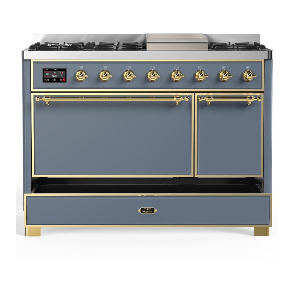 Ilve UM48FQNR3BGG Ilve Um48Fqnr3Bgg Majestic Iii 48 Inch Dual Fuel Range With 8 Burners And Griddle, Dual Function Burner Up To 25,000 Btu (Natural Gas, Solid Door, Blue Grey, Brass)