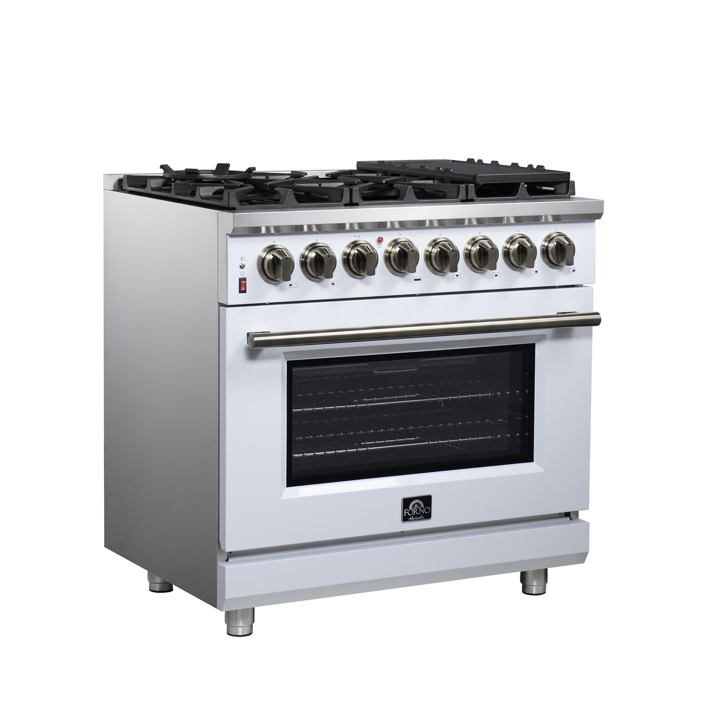 Forno FFSGS612536WHT Forno Massimo 36 Inch Freestanding Dual Fuel Range In White With Antique Brass Accessories, 6 Burners, 5.36 Cu. Ft. Convection Oven