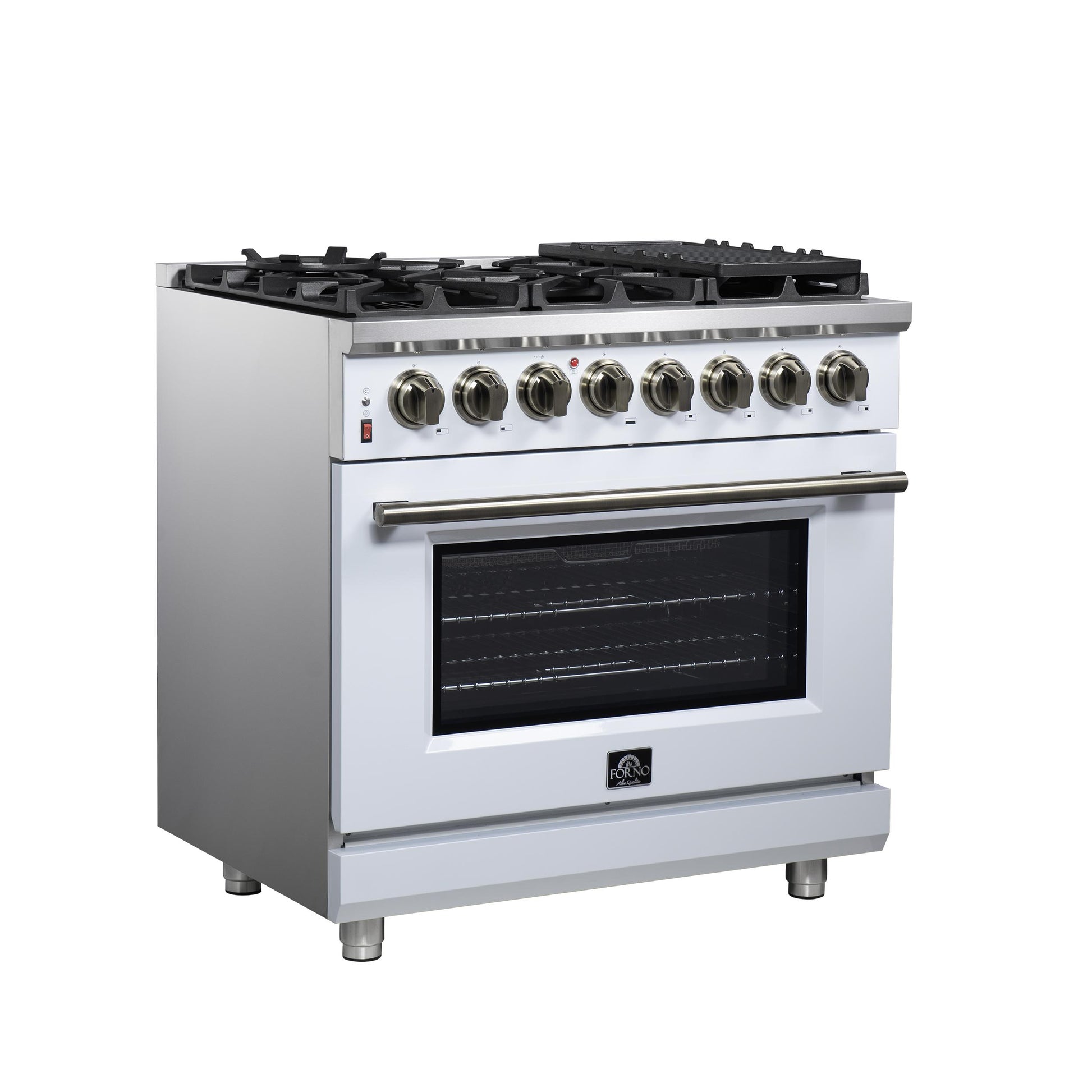 Forno FFSGS612536WHT Forno Massimo 36 Inch Freestanding Dual Fuel Range In White With Antique Brass Accessories, 6 Burners, 5.36 Cu. Ft. Convection Oven