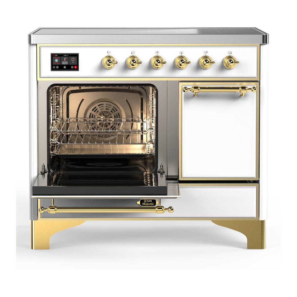 Ilve UMDIB40QNR3WHG Ilve Umdib40Qnr3Whg Majestic Iii 40 Inch Induction Range With 6 Elements, 3.82 Cu. Ft. Total Oven Capacity (Solid Door, White, Brass)