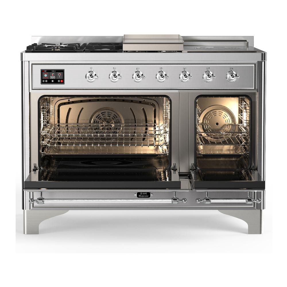 Ilve UM48FSNR3SSCLP Ilve Um48Fsnr3Ssclp Majestic Iii 48 Inch Dual Fuel Range With 5 Black Brass Burners, Griddle And French Top, Dual Function Burner Up To 25,000 Btu (Liquid Propane, Triple Glass Door, Stainless Steel, Chrome)