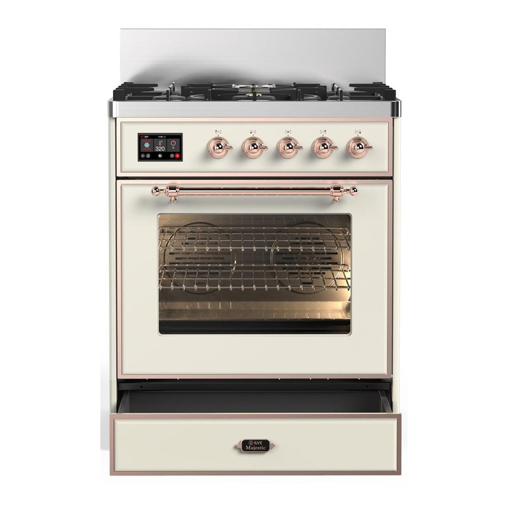 Ilve UM30NR3AWP Ilve Um30Nr3Awp Majestic Iii 30 Inch Dual Fuel Range With 5 Black Brass Burners, Dual Function Burner Up To 25,000 Btu (Natural Gas, Triple Glass Door, Antique White, Copper)