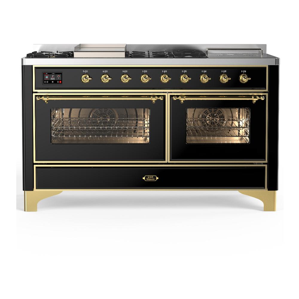 Ilve UM60FSNR3BKGLP Ilve Um60Fsnr3Bkglp Majestic Iii 60 Inch Dual Fuel Range With 7 Burners, Griddle And French Top, Dual Function Burner With Up To 25,000 Btu (Liquid Propane, Triple Glass Door, Glossy Black, Brass)