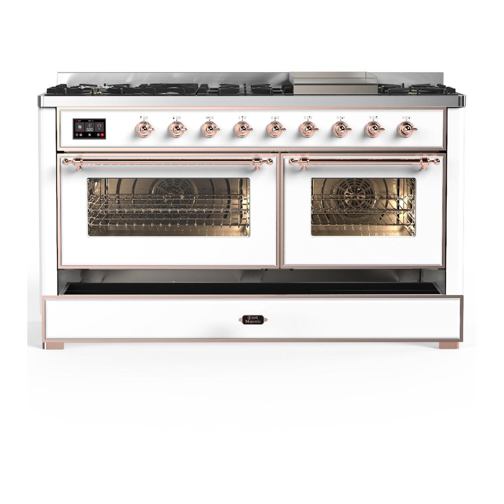 Ilve UM60FNR3WHP Ilve Um60Fnr3Whp Majestic Iii 60 Inch Dual Fuel Range With 9 Burners And Griddle, Dual Function Burner Up To 25,000 Btu (Natural Gas, Triple Glass Door, White, Copper)