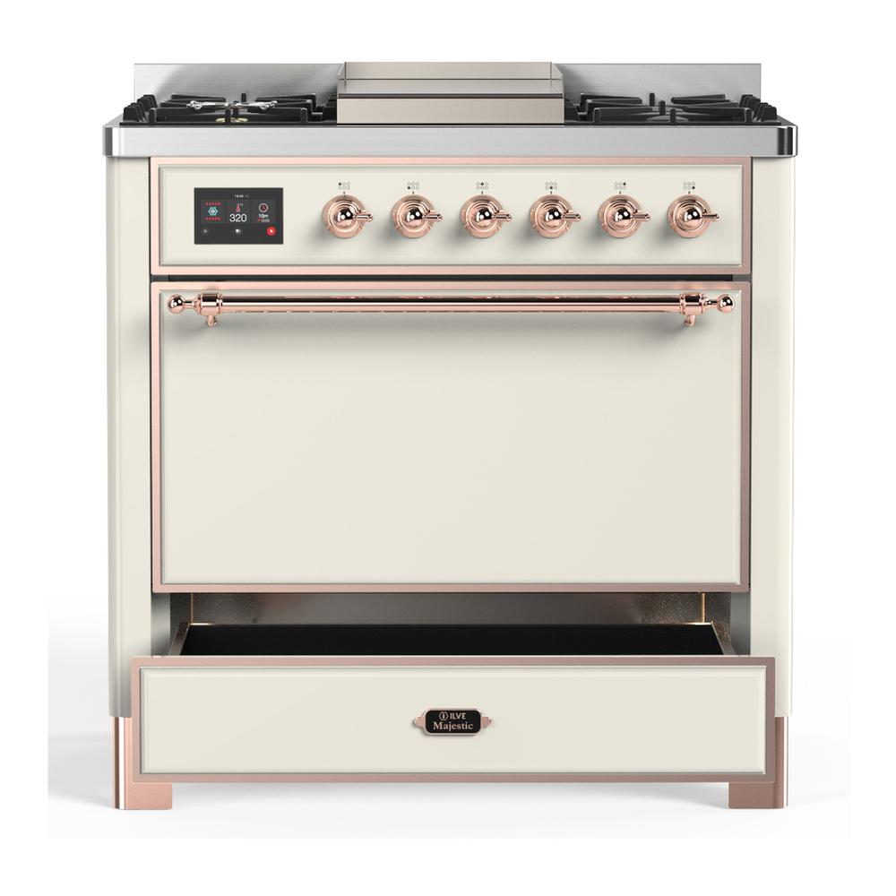 Ilve UM36FQNR3AWPLP Ilve Um36Fqnr3Awplp Majestic Iii 36 Inch Dual Fuel Range With 6 Black Brass Burners And Griddle, Dual Function Burner Up To 25,000 Btu (Solid Door, Antique White, Copper, Liquid Propane)