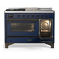 Ilve UM48FSNR3MBB Ilve Um48Fsnr3Mbb Majestic Iii 48 Inch Dual Fuel Range With 5 Black Brass Burners, Griddle And French Top, Dual Function Burner Up To 25,000 Btu (Natural Gas, Triple Glass Door, Midnight Blue, Burnished)