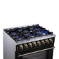 Forno FFSGS612536BLK Forno Massimo 36 Inch Freestanding Dual Fuel Range In Black With Antique Brass Accessories, 6 Burners, 5.36 Cu. Ft. Convection Oven