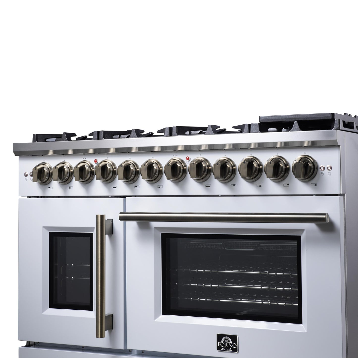 Forno FFSGS638748WHT Forno Capriasca 48 Inch Freestanding French Door Dual Fuel Range In White With Antique Brass Accessories, 8 Burners, True Convection Oven