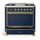 Ilve UM36FQNR3MBGLP Ilve Um36Fqnr3Mbglp Majestic Iii 36 Inch Dual Fuel Range With 6 Black Brass Burners And Griddle, Dual Function Burner Up To 25,000 Btu (Solid Door, Midnight Blue, Brass, Liquid Propane)