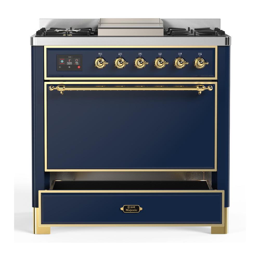 Ilve UM36FQNR3MBGLP Ilve Um36Fqnr3Mbglp Majestic Iii 36 Inch Dual Fuel Range With 6 Black Brass Burners And Griddle, Dual Function Burner Up To 25,000 Btu (Solid Door, Midnight Blue, Brass, Liquid Propane)