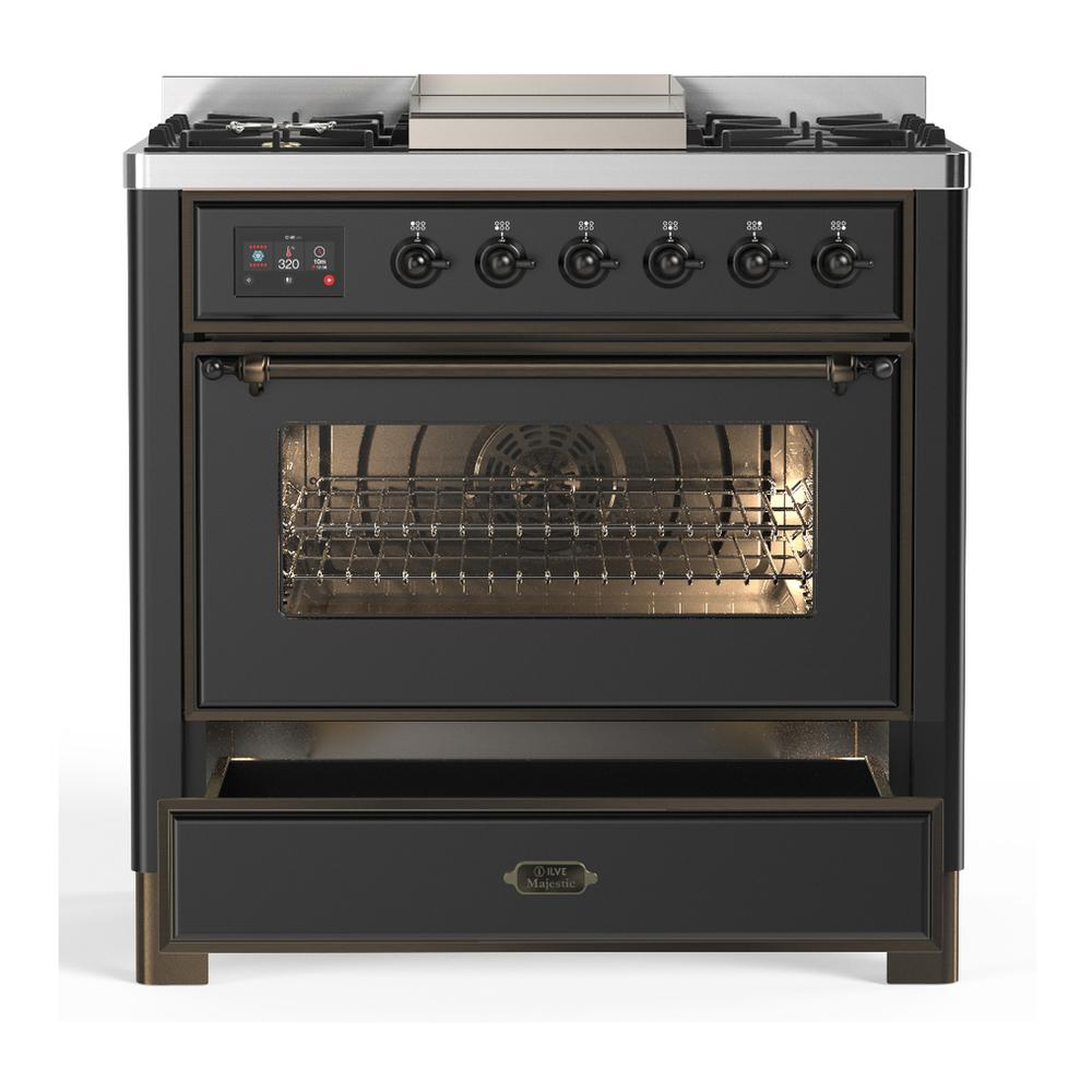 Ilve UM36FNR3MGBLP Ilve Um36Fnr3Mgblp Majestic Iii 36 Inch Dual Fuel Range With 6 Black Brass Burners And Griddle, Dual Function Burner Up To 25,000 Btu (Triple Glass Door, Graphite Matte, Burnished, Liquid Propane)
