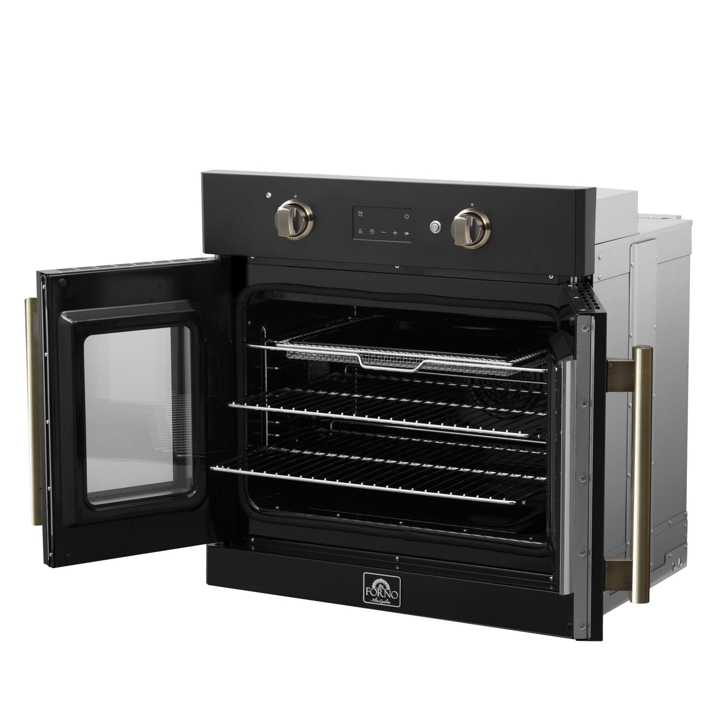 Forno FBOEL133330BLK Forno Asti 30-Inch French Door Electric Wall Oven In Black & Antique Brass, 3.68 Cu. Ft. True Convection, 3,600W, Air Fry, Sous Vide, Self-Clean