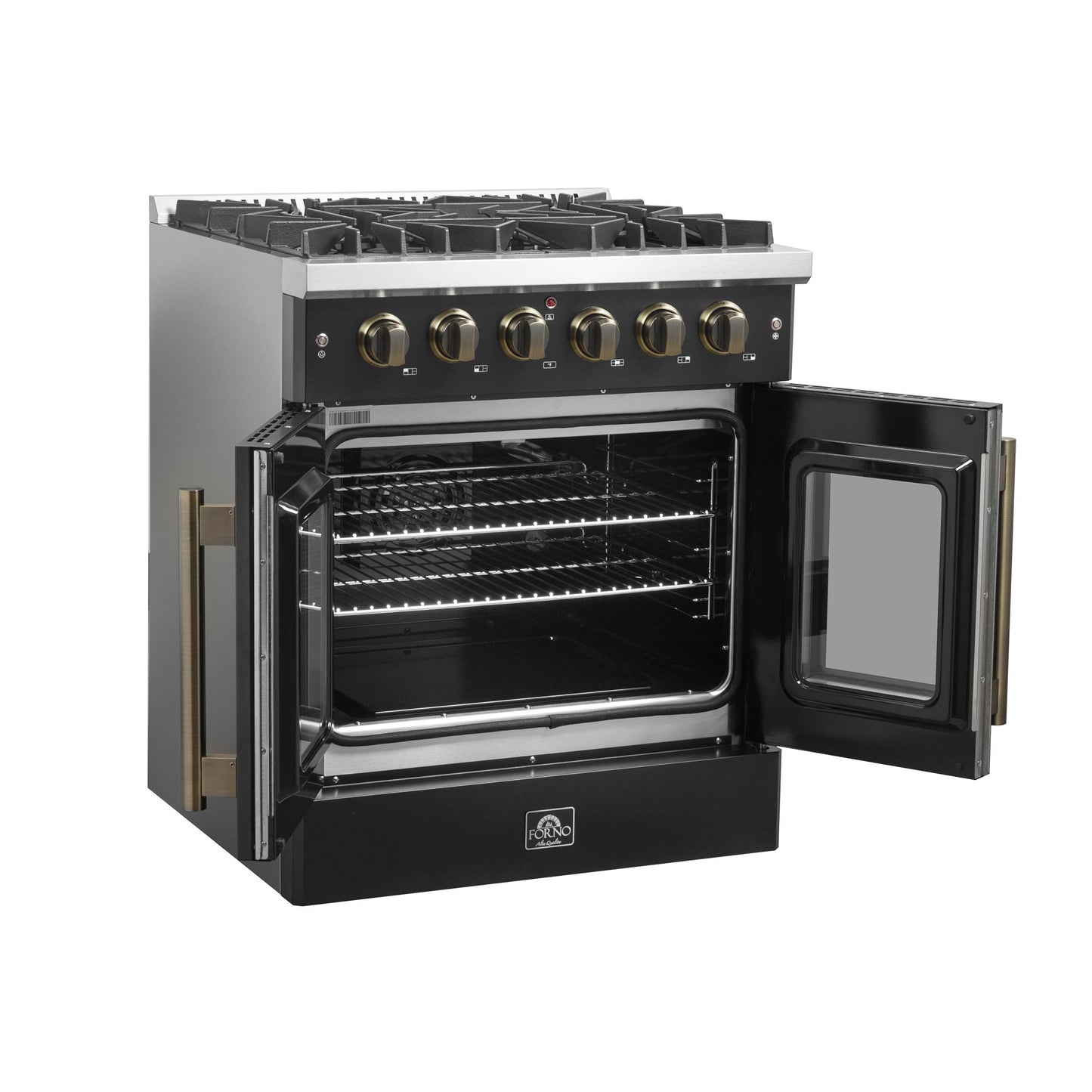 Forno FFSGS644430BLK Forno Galiano 30-Inch French Door Gas Range Black And Antique Brass Design, 5 Sealed Burners 68,000 Btu, 4.32 Cu.Ft. Convection Oven