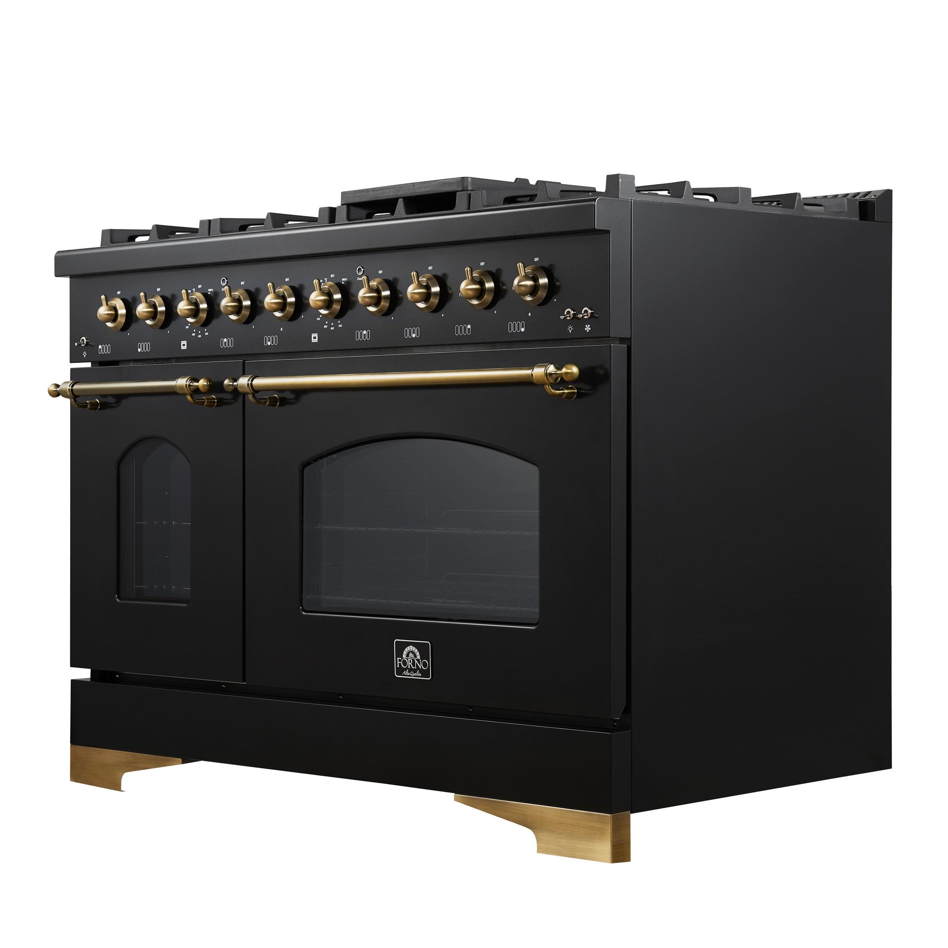 Forno FFSGS611348BLK Forno Antico 48-Inch Dual Fuel Range, Black With Antique Brass Finish, 8 Burners, 94,000 Btu, 5.5 Cu.Ft. Double Ovens & Griddle