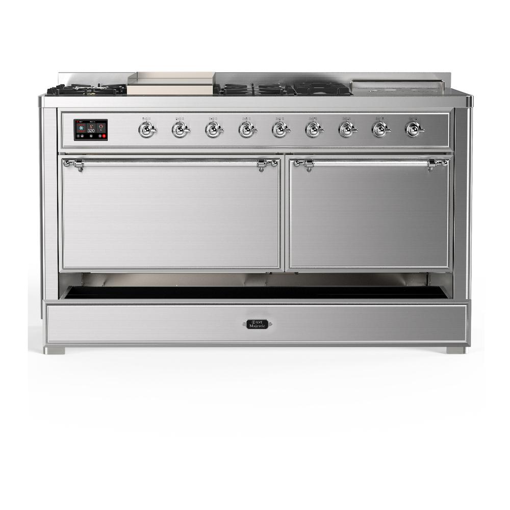 Ilve UM60FSQNR3SSC Ilve Um60Fsqnr3Ssc Majestic Iii 60 Inch Dual Fuel Range With 7 Burners, Griddle And French Top, Dual Function Burner With Up To 25,000 Btu (Natural Gas, Solid Door, Stainless Steel, Chrome)