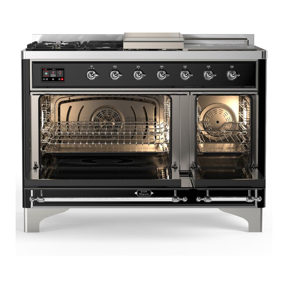Ilve UM48FSQNR3BKC Ilve Um48Fsqnr3Bkc Majestic Iii 48 Inch Dual Fuel Range With 5 Black Brass Burners, Griddle And French Top, Dual Function Burner Up To 25,000 Btu (Natural Gas, Solid Door, Glossy Black, Chrome)