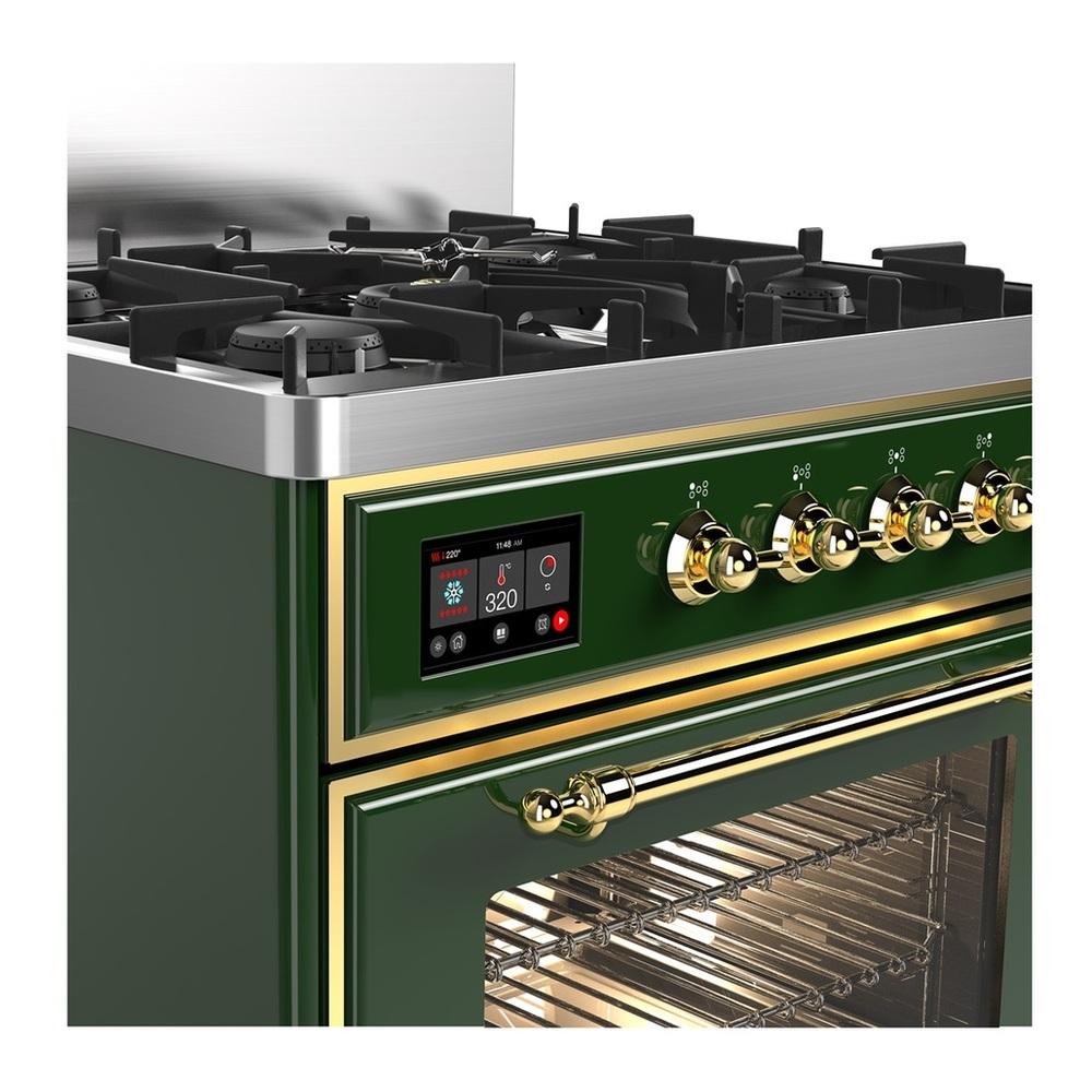 Ilve UM30NR3EGGLP Ilve Um30Nr3Egglp Majestic Iii 30 Inch Dual Fuel Range With 5 Black Brass Burners, Dual Function Burner Up To 25,000 Btu (Liquid Propane, Triple Glass Door, Emerald Green, Brass)