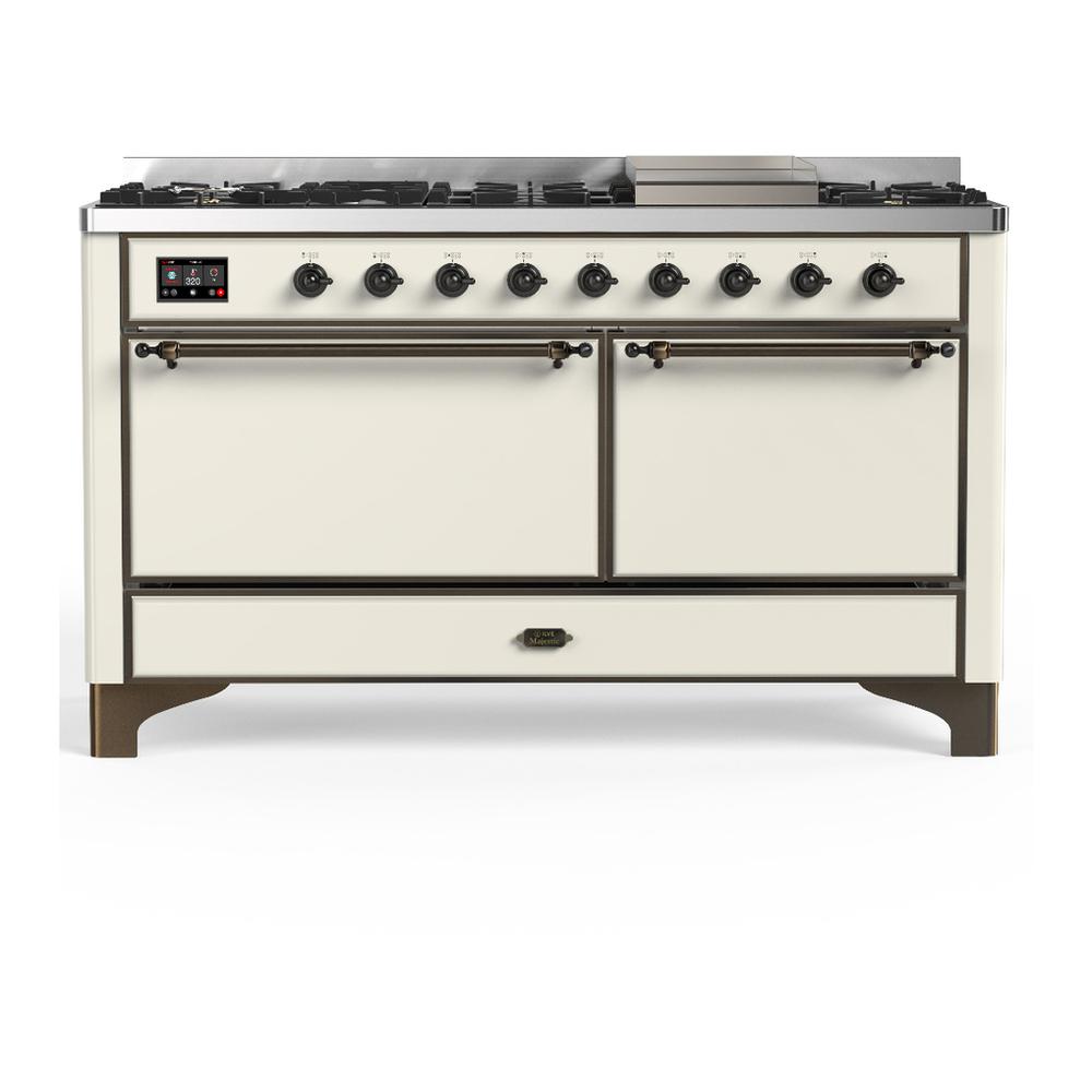 Ilve UM60FQNR3AWBLP Ilve Um60Fqnr3Awblp Majestic Iii 60 Inch Dual Fuel Range With 9 Burners And Griddle, Dual Function Burner Up To 25,000 Btu (Liquid Propane, Solid Door, Antique White, Burnished)