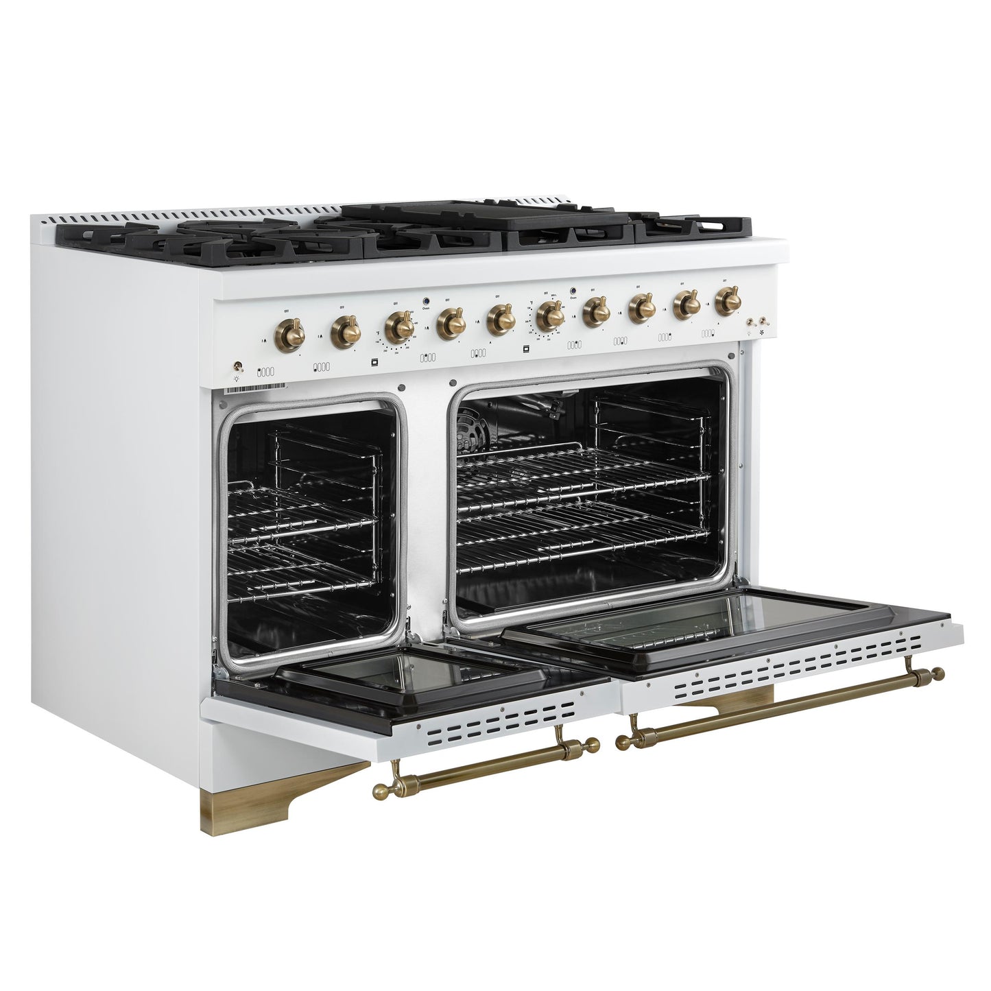 Forno FFSGS621948WHT Forno Antico 48-Inch Freestanding Gas Range, White, Antique Brass Design, 8 Burners, Griddle, Double Ovens, Energy Efficient