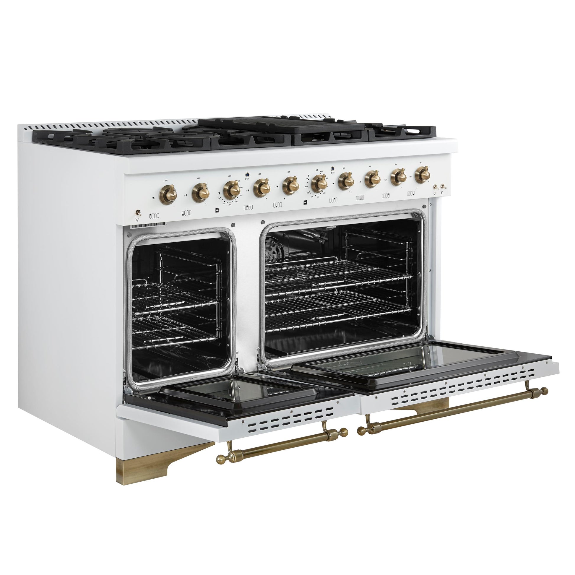 Forno FFSGS621948WHT Forno Antico 48-Inch Freestanding Gas Range, White, Antique Brass Design, 8 Burners, Griddle, Double Ovens, Energy Efficient