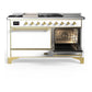 Ilve UM60FSQNR3WHG Ilve Um60Fsqnr3Whg Majestic Iii 60 Inch Dual Fuel Range With 7 Burners, Griddle And French Top, Dual Function Burner With Up To 25,000 Btu (Natural Gas, Solid Door, White, Brass)
