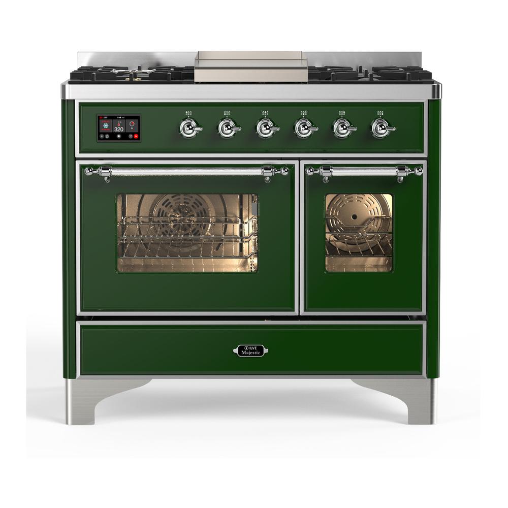 Ilve UMD40FNR3EGC Ilve Umd40Fnr3Egc Majestic Iii 40 Inch Dual Fuel Range With 6 Burners And Griddle, Dual Function Burner Up To 25,000 Btu (Natural Gas, Triple Glass Door, Emerald Green, Chrome)