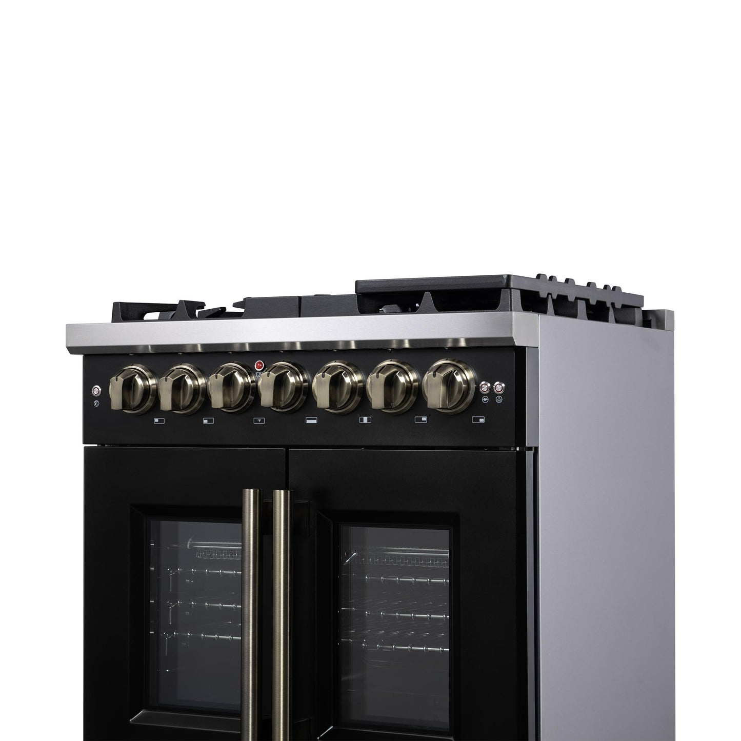 Forno FFSGS638730BLK Forno Capriasca 30-Inch Freestanding French Door Dual Fuel Range In Black With Antique Brass Accessories, 5 Burners, True Convection Oven