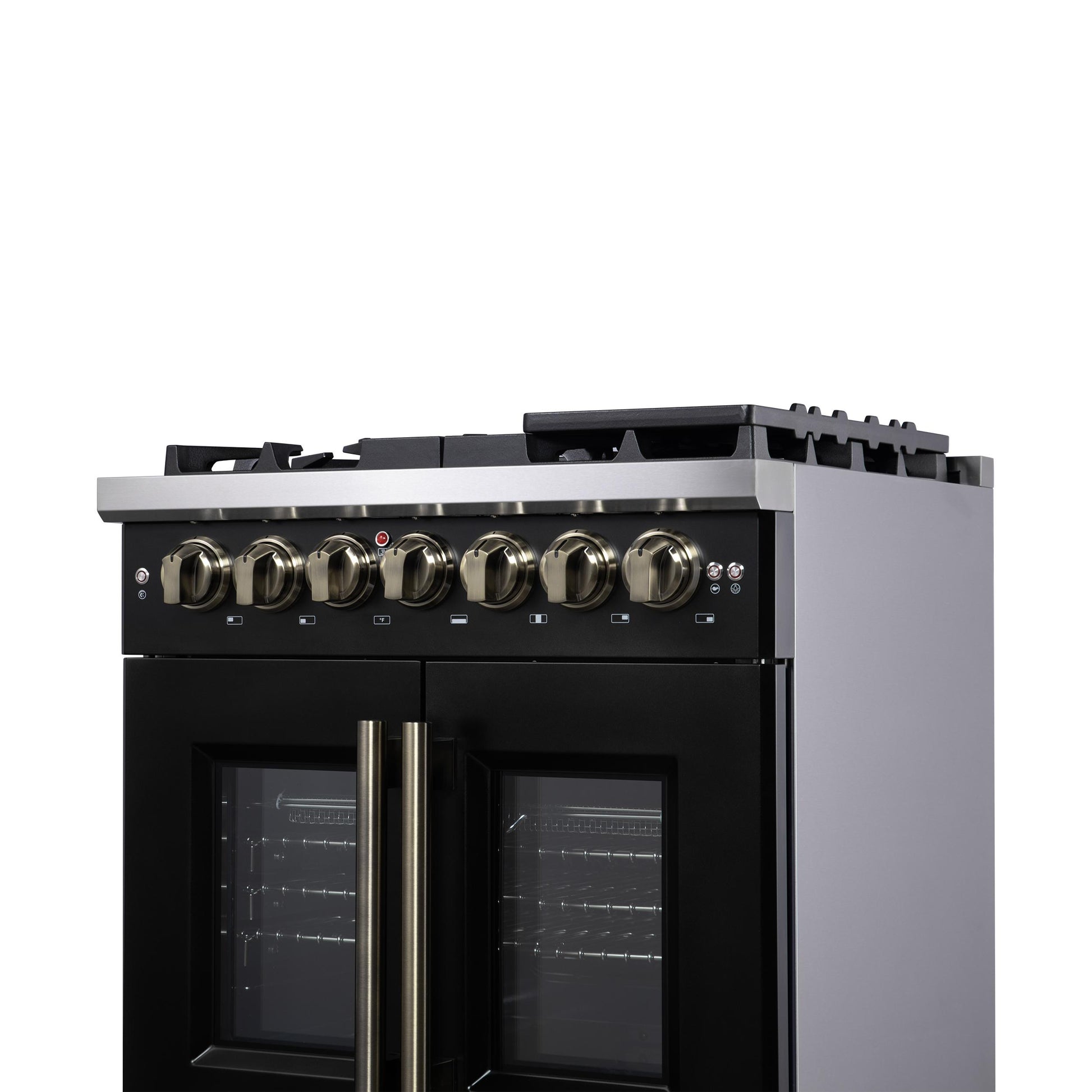 Forno FFSGS638730BLK Forno Capriasca 30-Inch Freestanding French Door Dual Fuel Range In Black With Antique Brass Accessories, 5 Burners, True Convection Oven