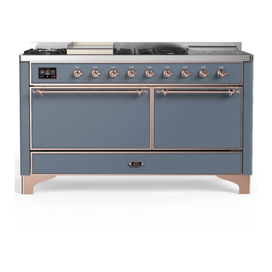 Ilve UM60FSQNR3BGP Ilve Um60Fsqnr3Bgp Majestic Iii 60 Inch Dual Fuel Range With 7 Burners, Griddle And French Top, Dual Function Burner With Up To 25,000 Btu (Natural Gas, Solid Door, Blue Grey, Copper)