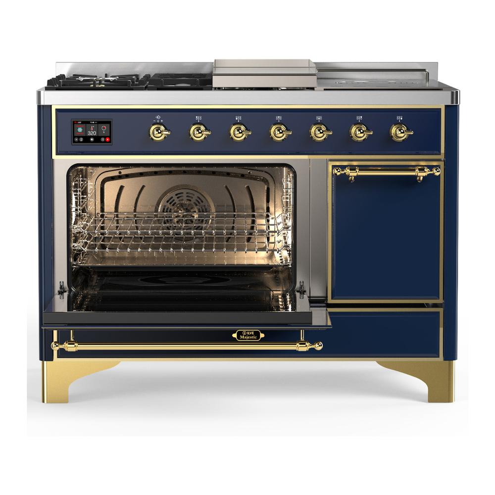 Ilve UM48FSQNR3MBGLP Ilve Um48Fsqnr3Mbglp Majestic Iii 48 Inch Dual Fuel Range With 5 Black Brass Burners, Griddle And French Top, Dual Function Burner Up To 25,000 Btu (Liquid Propane, Solid Door, Midnight Blue, Brass)