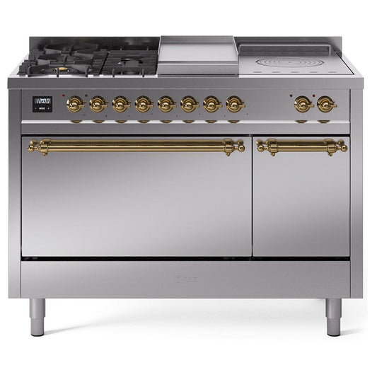 Ilve UP48FSQNMPSSG Ilve Nostalgie Ii 48 Up48Fsqnmpssg Freestanding Dual Fuel Range With 5 Sealed Burners And French Top Double Oven With Solid Door In Stainless Steel With Brass Knobs
